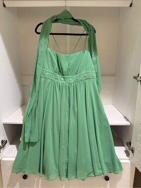 David's Bridal Mint Green Spaghetti Strap Chiffon Dress with Shawl